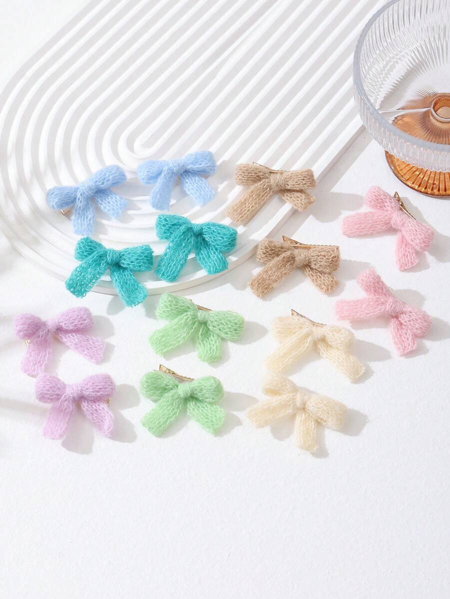 14 件秋冬多巴胺主题彩色针织蝴蝶结发夹套装，Y2K 少女甜美优雅发饰，适合日常装扮，学院风格发饰发夹 - 彩色 - 查看 1