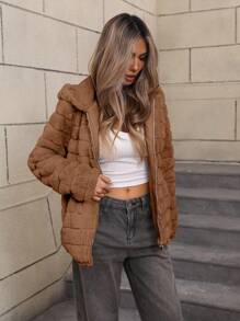 Risissida 女式人造毛皮连帽口袋大衣——秋冬完美之选 - 卡其色 - 查看 6