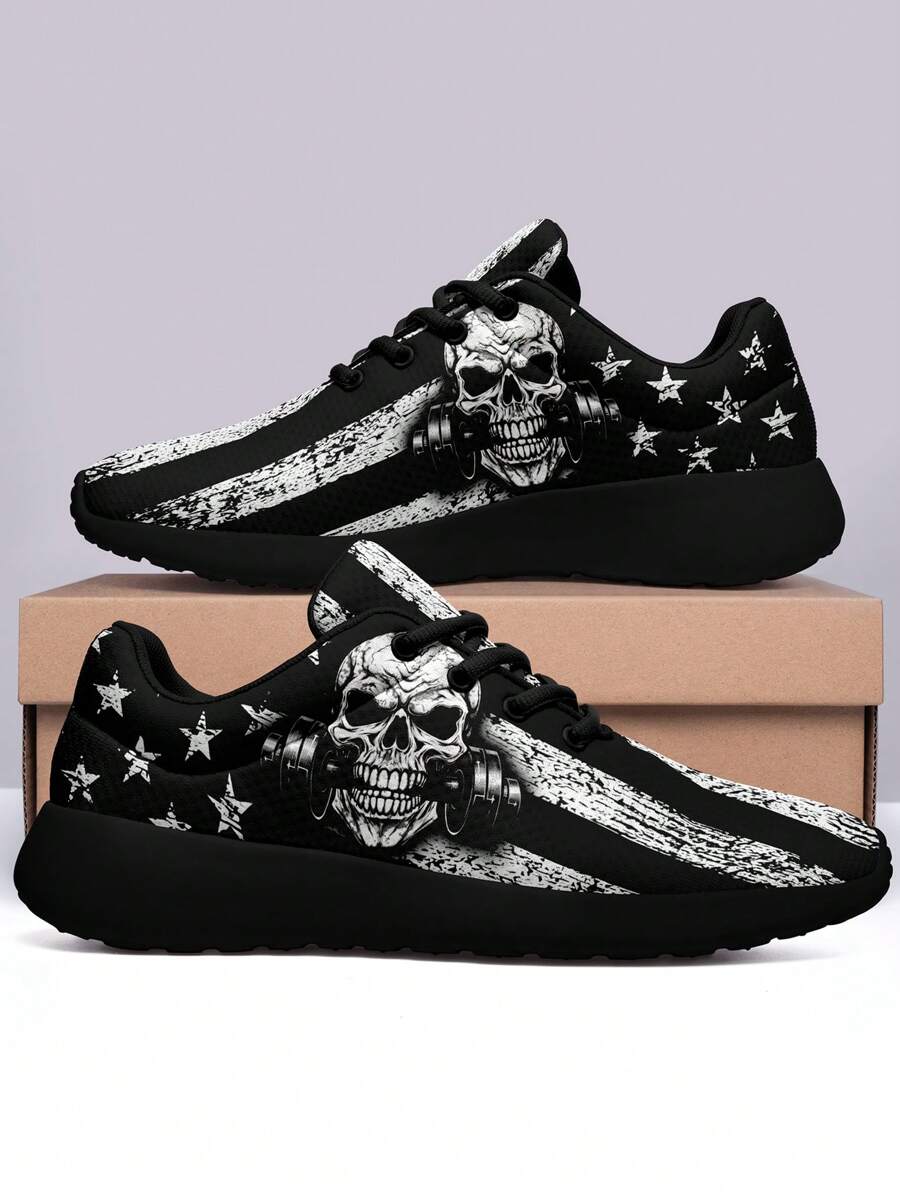 大码男士时尚独立日风格美国国旗和骷髅图案编织透气运动鞋，适合所有季节的完美户外鞋 - 彩色 - 查看 1