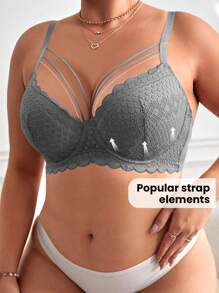 MIMILEMON Plus Size Grey Lace Underwire Bra With Lift Support - Grey - View 4