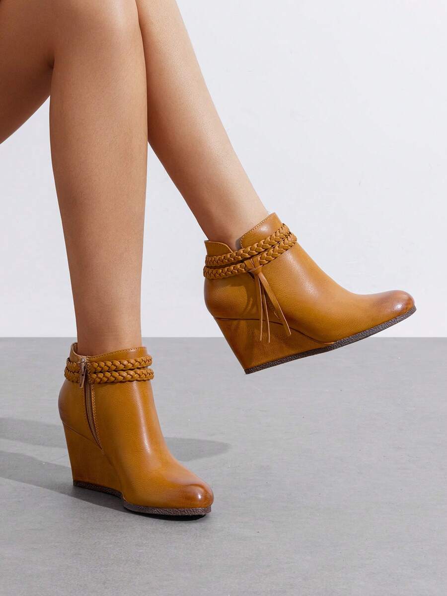 Women's High Wedge Ankle Boots Fashion Bootie With Braided Straps Tassels Warmth And Comfort Short Booties Great For Commuting, Dates, Holidays, And Everyday Wear - 棕色PU - 查看 1