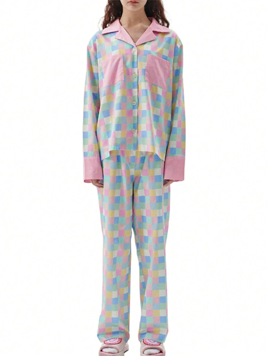 Women 2 Piece Set Colorful Plaid Print Long Sleeves Shirt And Elastic Pants For