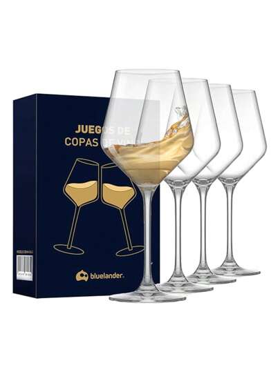 Set de 4 Copas de Cristal de 420 ml para Vino, Sin Plomo, Ideal para Bar, Boda, Fiestas, Aniversario y todo tipo de Celebración. Bluelander.