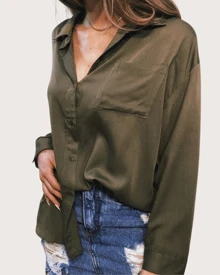 Women's Long Sleeve Oversized Shirt In Military Green - xanh quân đội - Xem 1