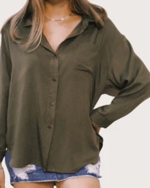 Women's Long Sleeve Oversized Shirt In Military Green - xanh quân đội - Xem 3