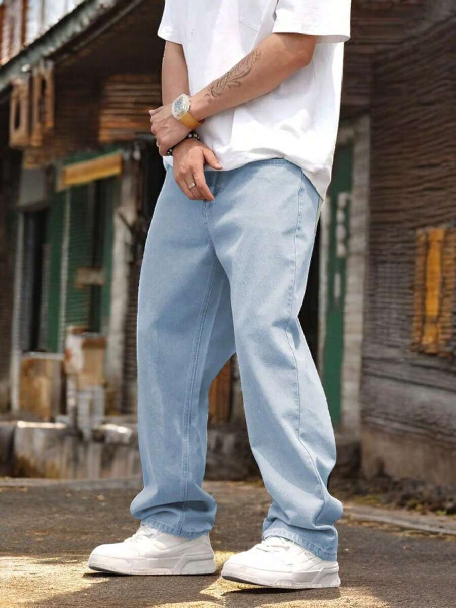 Men's Baggy Straight Jeans - Light Wash - View 1