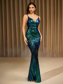 LOVE&LEMONADE Multi-Color V-Neck Sequin Slip Dress, Suitable For Parties, Dates, Galas (Random Floral Pattern On Back, Not Matched) Wedding Spring Party - Multicolor - View 2