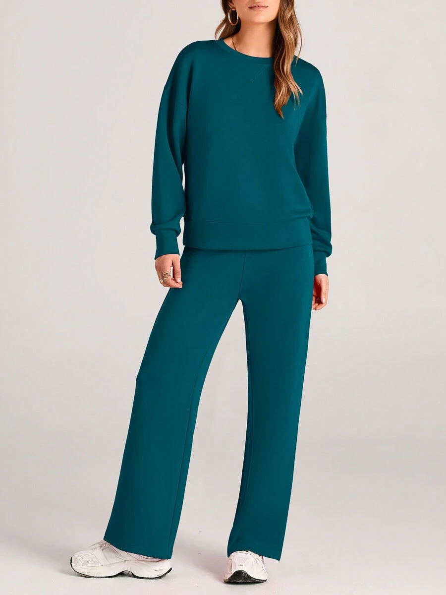 Women's Two Piece Outfits Fall Long Sleeve Pullover Tops And Long Pants Lounge Sets Tracksuit - 藍綠色 - 查看 1