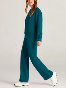 Women's Two Piece Outfits Fall Long Sleeve Pullover Tops And Long Pants Lounge Sets Tracksuit - 藍綠色 - 查看 4