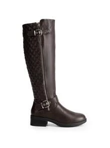 Women's Faux Furs-Lined  Knee High Riding Boots Black Low Stacked Heel Comfortable Side Zipper Biker Motorcycle Buckle Boots For Winter - màu nâu - Xem 6