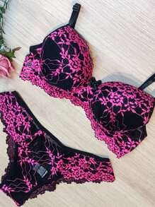 Luxury Two-Tone Lace Bra Lingerie Set - 149 - 玫紅色 - 查看 3