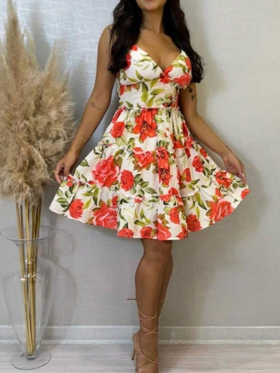 Short Floral Strap Dress (0024) - Red and White - View 1