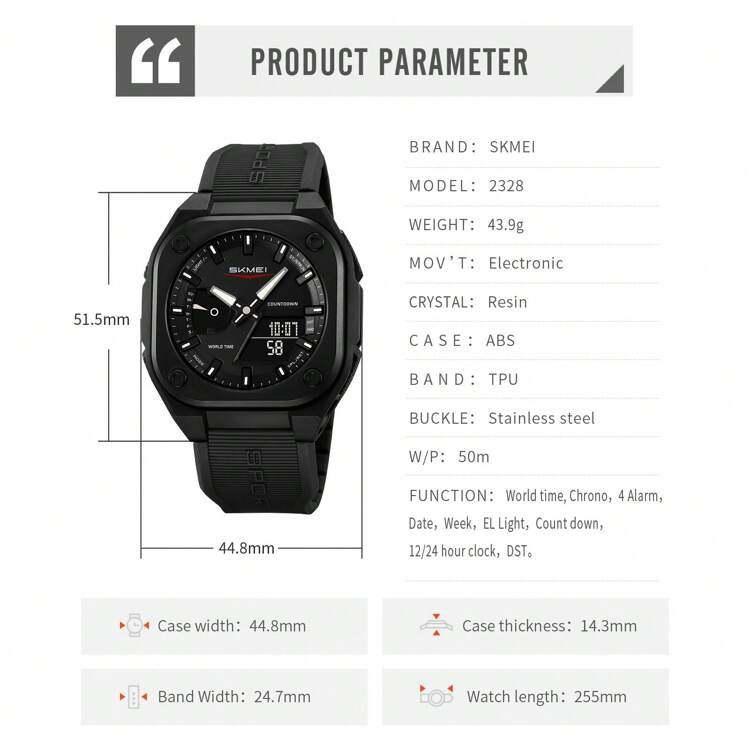 SKMEI 2328 Square Multifunction Men's Watch Dual Movement TPU Strap Sport Outdoor Cool Style Male Electronic Quartz Wristwatch - one-size - View 11