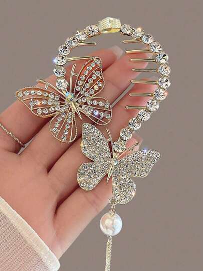 1件女士优雅发夹，饰有水钻、仿珍珠、流苏和花朵设计，适合日常发型、上学、仿珍珠发饰、度假装扮、派对造型