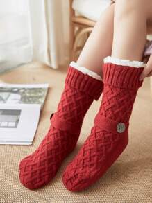 1 đôi tất chống trượt mềm mại dày dặn, tất cổ cao màu trơn thường ngày đi trong nhà, ấm áp và thoải mái cho mùa đông và khi ngủ - Đỏ - Xem 11