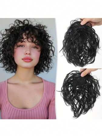 Synthetic Head Topper Hair Piece With Bangs Short Wave Wig Fringe Clip In Hair Extension Covering White Hair