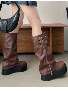 Women's Thick-Soled Boots, European And American New Thick-Soled Round Toe Casual Retro Thick-Soled Classic Side Zipper Design, Slip-On, Long Boots, Knee-High Boots