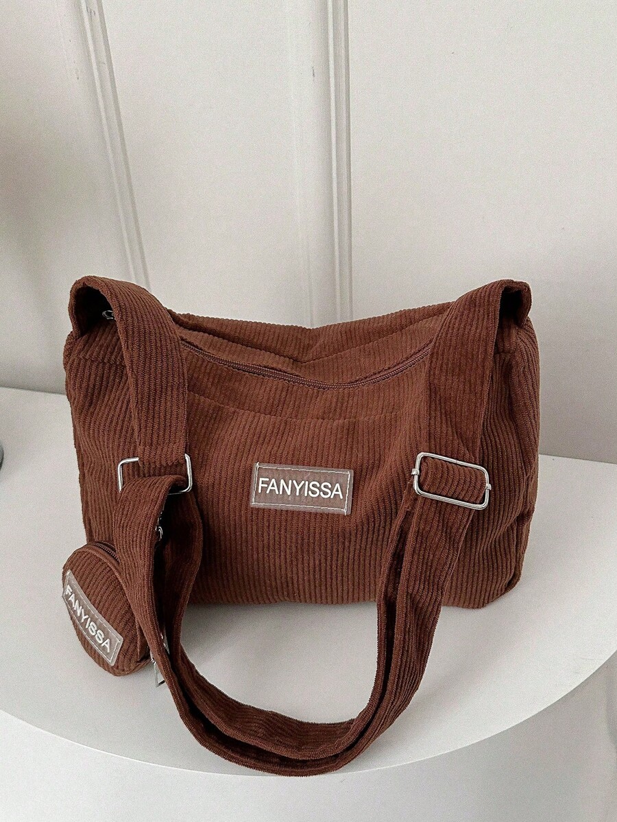 Túi Tote Retro màu trơn vải nhung, sức chứa lớn, túi đeo chéo đa năng, phong cách thiên nhiên - màu nâu - Xem 1