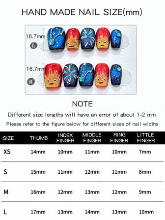 10 件手工短梯形美甲片，可爱卡通系列，复杂工艺手绘卡通人物，烟花猫眼配水钻装饰，高端美甲饰品，短款设计适合日常佩戴，带美甲片套装按压式美甲用品美甲
