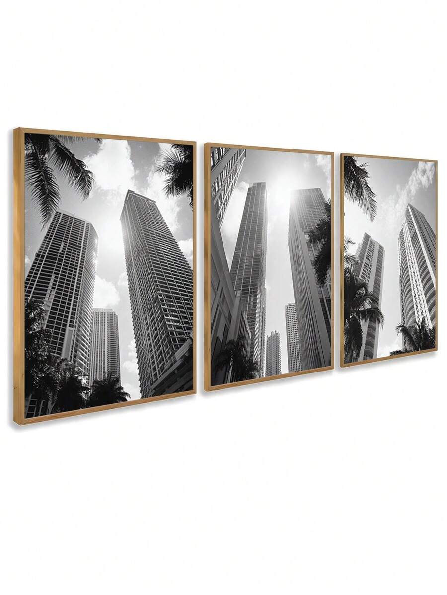 Kit 3 Decorative Frames Photography Buildings And Palm Trees Black And White For Office Hall Bedroom - Màu nâu  Mocha - Xem 1