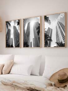 Kit 3 Decorative Frames Photography Buildings And Palm Trees Black And White For Office Hall Bedroom - Màu nâu  Mocha - Xem 4