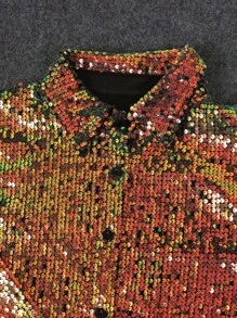 Women's Sequin Embellished Long Sleeve Button-Front Blouse With Lining Autumn Winter Top - Vàng - Xem 5