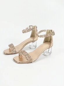 女士时尚水晶粗跟穆勒鞋，透气闪光露趾迷人派对一脚蹬背包拉链升级纽扣款式经典奢华香槟色鞋