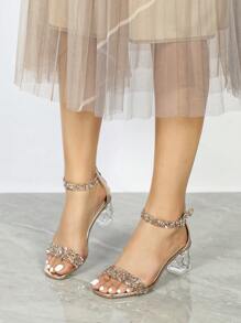 女士时尚水晶粗跟穆勒鞋，透气闪光露趾迷人派对一脚蹬背包拉链升级纽扣款式经典奢华香槟色鞋