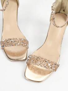 女士时尚水晶粗跟穆勒鞋，透气闪光露趾迷人派对一脚蹬背包拉链升级纽扣款式经典奢华香槟色鞋