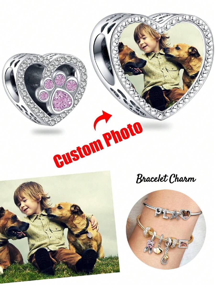 1pc Personalized Custom Photo Bracelet Charm For Women Mother, Mother's Day Father's Day Picture Necklace Charm, Photo Anklet Charm, Heart Picture Beads With Paw Feet Print Gift For Father Daughter Present Girlfriend Wife Best Friend Valentines