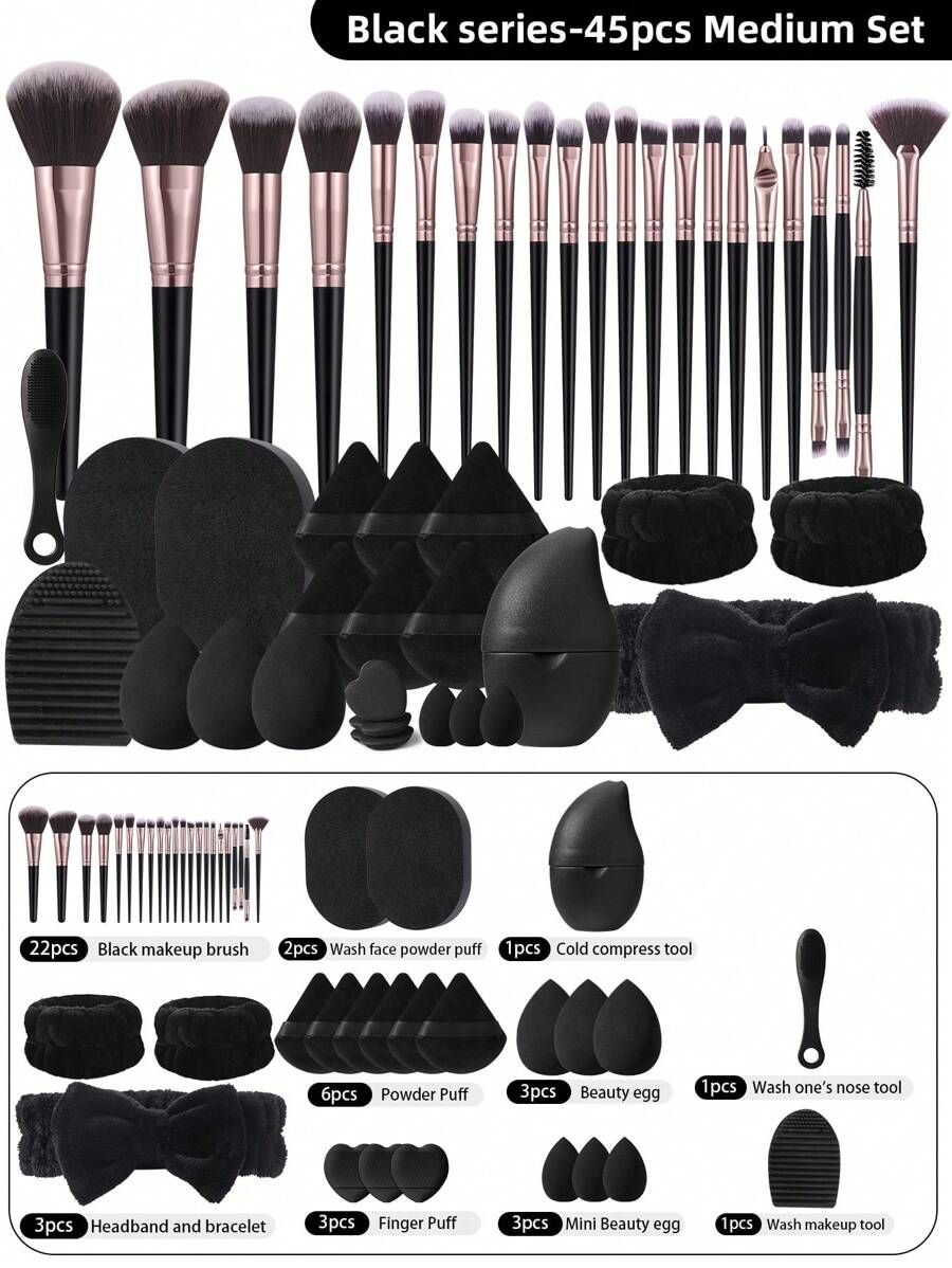 3/17/22/25/45pcs Makeup Tool Set Includes: 22pcs Makeup Brush Set, 3pcs Makeup Sponge, 3pcs Mini Makeup Sponge, 6pcs Triangle Powder Puff, 3pcs Mini Air Cushion Powder Puff, 1pc Makeup Brush Cleaner, 1pc Hair Band, 2pcs Wash Bowl, 2pcs Face Wash Sponge, 1pc Ice Facial Massager, 1pc Nose Wash Brush,Brush Set,Makeup Brush Kit,Make Up Brush Set,Make Up Set Complete,Makeup Brush Set,Complete Makeup Kit,Brush Kit,Brushes Makeup Set,Makeup Gift Set,Set