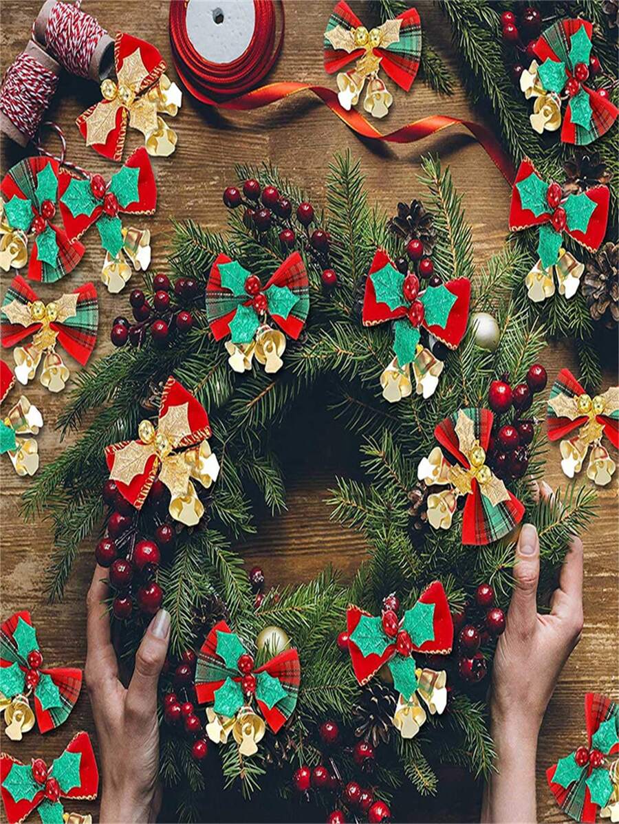 Mini Bow, Đồ trang trí treo trong nhà và ngoài trời, Có thể sử dụng cho cây thông Noel, cửa ra vào và cửa sổ hoặc trang trí vòng hoa, Chuông bướm in hình Giáng sinh (Một số phụ kiện có màu ngẫu nhiên) - Nhiều màu - Xem 1