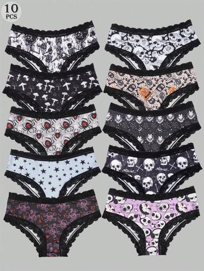 Morvia 10 piezas Hipsters góticos y sexys de talle bajo para mujeres - encaje de contraste, estampado todo sobre calaveras y ojos y estrellas y calabazas de Halloween, bragas cómodas de hipster para mujeres - lencería y ropa interior de Halloween - cómoda, estilos surtidos, idea de regalo perfecta para ocasiones especiales o uso diario