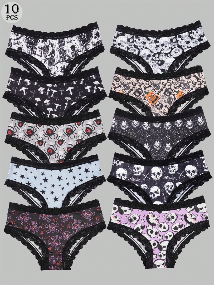 Morvia 10pcs Women Sexy Gothic Chic Low-Rise Hipsters - Contrast Lace, Allover Halloween Skull & Eyeballs & Stars & Jack-O-Lanterns Allover Print, Comfortable Hipster Panties For Women - Halloween Lingerie & Underwear-Comfortable, Assorted Styles, Perfect Gift Idea For Special Occasions Or Daily Wear