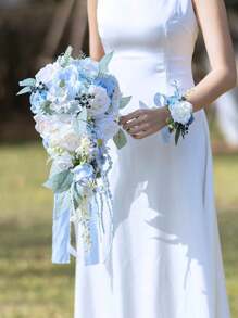 New Wedding Bridal Bouquet, Bride Artificial Rose Flowers With Ribbons, Bridesmaid Fake Flower Bunch 20 Inch, Tossing Cascading Bouquet For Boho Rustic Ceremony Anniversary Party Decorations - Màu xanh lam - Xem 3