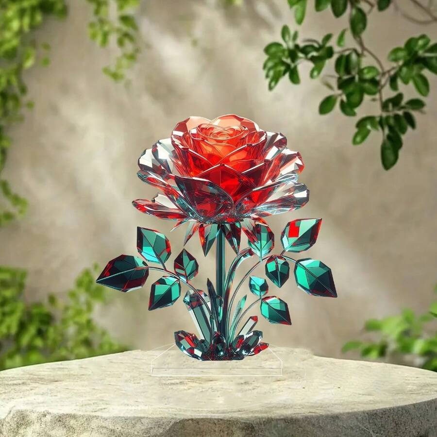 1 件 2D 情人节主题亚克力装饰小雕像带支架，桌面装饰，书桌配件，情人节主题，桌面装饰，客厅和卧室装饰，理想的节日礼物 - 玫瑰紅 - 查看 1