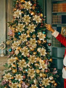 12 套圣诞花人造一品红花装饰闪光圣诞树饰品 14 厘米/5.5 英寸带夹子茎圣诞婚礼派对花环花环 DIY - 彩色 - 查看 2