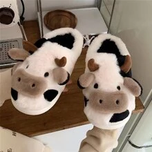 1 Pair Cute 2024 Winter Fluffy House Cow Slippers, Personalized Cartoon Animal Design Soft Comfy Bedroom Slippers, Autumn And Winter Fuzzy Warm Household Slippers - Black and White - View 6