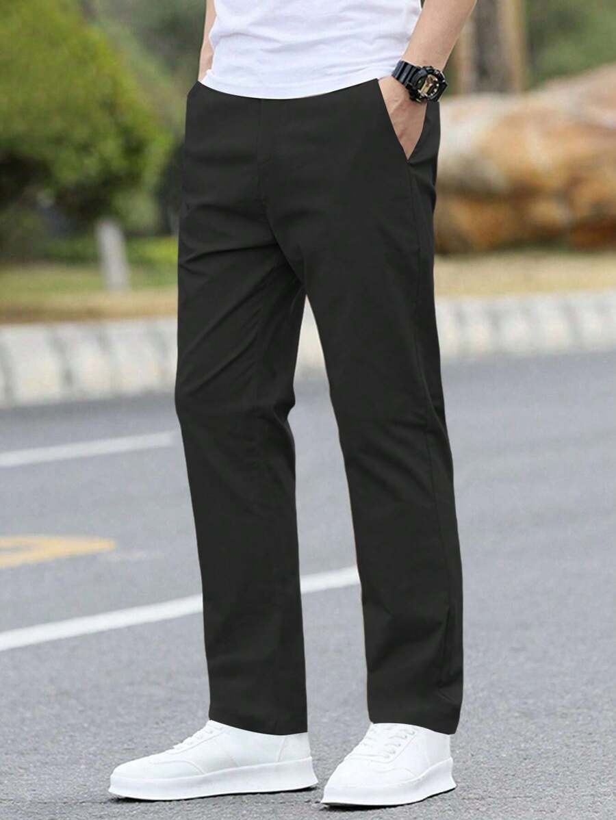 1pc Teen Boy Simple Loose Outdoor Sports Workout Casual Straight Pants, Solid Color, Spring/Autumn/Winter - Black - View 1