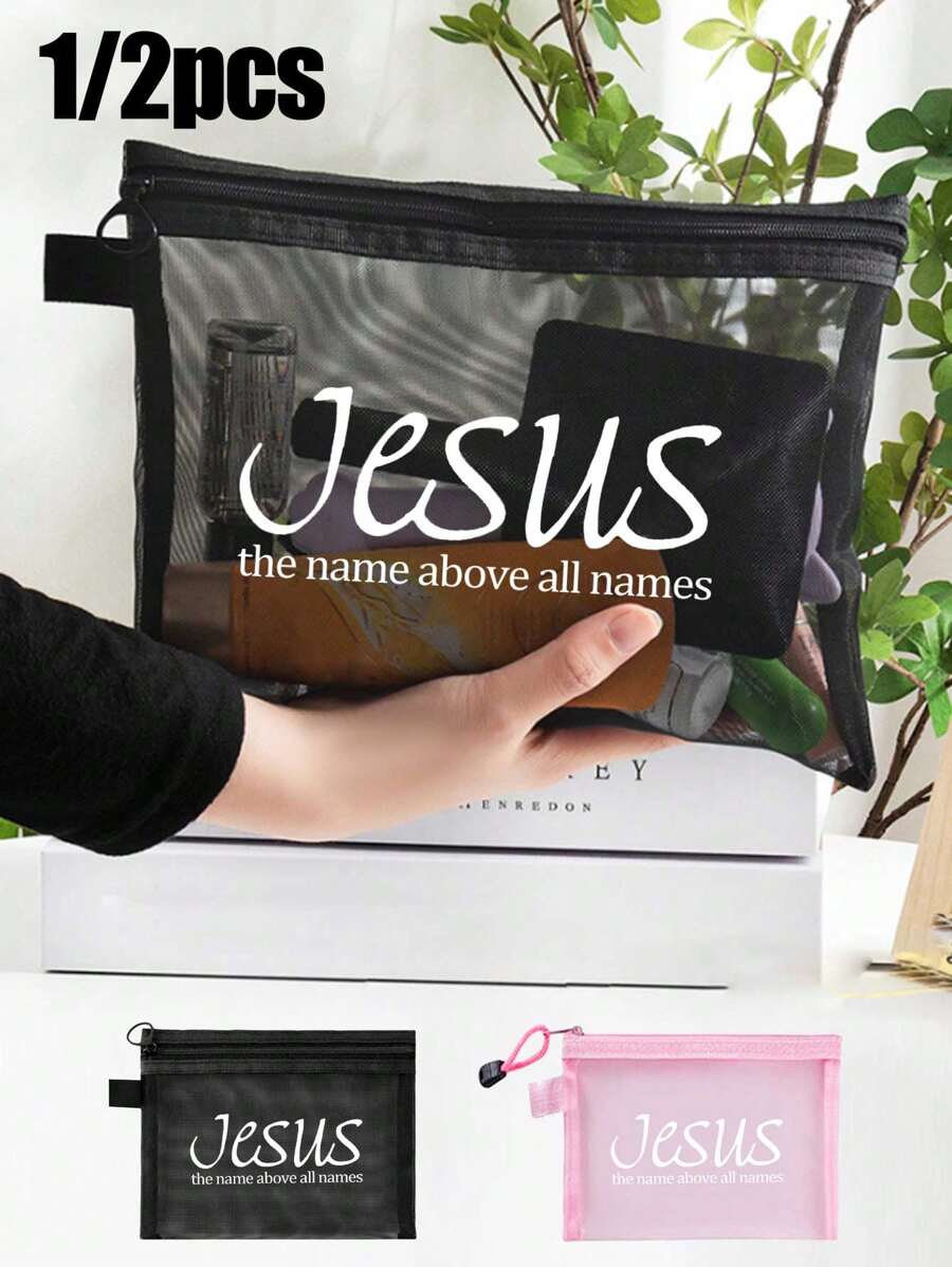 黑色粉色字母女士便携式化妆包带便携包，字母“耶稣之名超乎万名”化妆包，女士化妆包旅行厕所收纳包，信徒套餐，婚礼伴娘礼物，妈妈礼物，生日礼物，送给朋友和老师的礼物，家居装饰，浴室客厅卧室装饰，浴室收纳包，珠宝收纳包，唇油收纳包，指甲油收纳包化妆包收纳化妆品收纳包化妆盒化妆包化妆收纳包化妆品收纳 - 彩色 - 查看 1