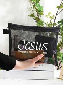 黑色粉色字母女士便携式化妆包带便携包，字母“耶稣之名超乎万名”化妆包，女士化妆包旅行厕所收纳包，信徒套餐，婚礼伴娘礼物，妈妈礼物，生日礼物，送给朋友和老师的礼物，家居装饰，浴室客厅卧室装饰，浴室收纳包，珠宝收纳包，唇油收纳包，指甲油收纳包化妆包收纳化妆品收纳包化妆盒化妆包化妆收纳包化妆品收纳 - 彩色 - 查看 2