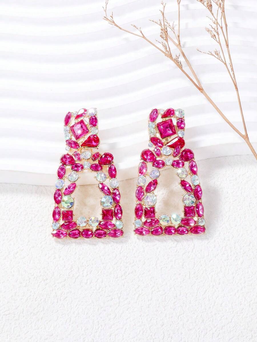 juran 1 Cặp bông tai pha lê hình học, thích hợp cho những dịp đặc biệt - Màu Hồng Tươi - Xem 1
