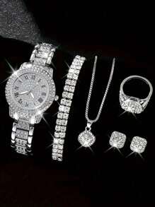 kuuioe 6pcs/Set Elegant Women Watch And Jewelry Suit, Zinc Alloy Round Case With Crystal Decor Including Necklace, Bracelet, Earrings And Ring. Perfect Gift For Valentine's Day, Easter, Ramadan, Birthday, Christmas,Mom,Mother,Mother's Day,Gift