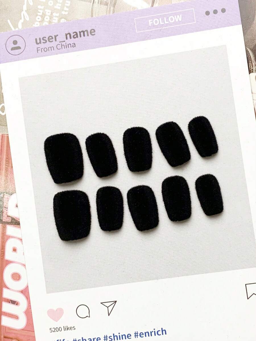 10片手工指甲秋冬按压式假指甲天鹅绒设计丙烯酸指甲天鹅绒触感全覆盖指甲纯黑色指甲美甲送果冻胶和指甲擦一片 - 黑色 - 查看 1