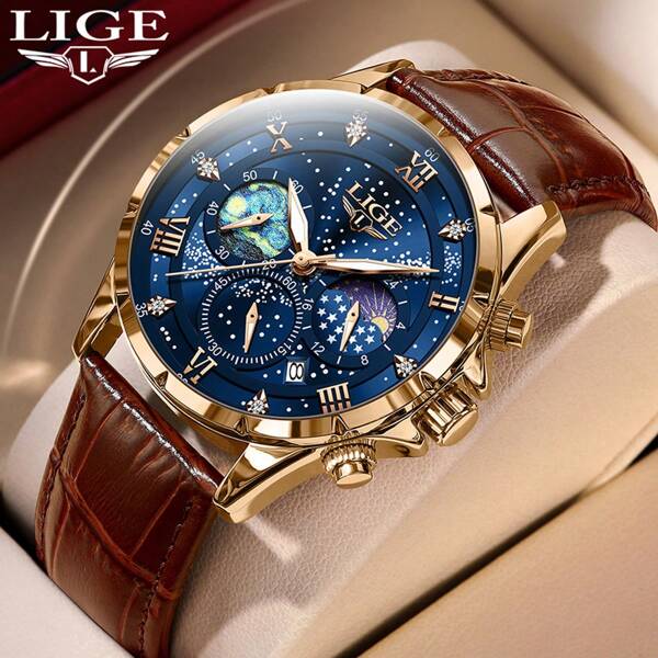 LIGE LIGE Casual Men's Three-Eye Quartz Watch Waterproof Luminous Electronic Moon Phase Multifunctional Calendar Watch Gift-Giving Choice