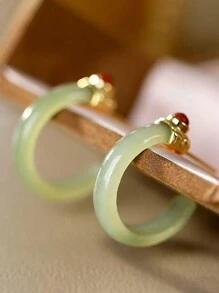 1 件 18K 镀金混合彩色玉镶嵌独特设计中国风圆弧玉耳环，适合女性日常佩戴 - 彎管耳環 - 查看 3