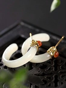 1 件 18K 镀金混合彩色玉镶嵌独特设计中国风圆弧玉耳环，适合女性日常佩戴 - 彎管耳環 - 查看 2