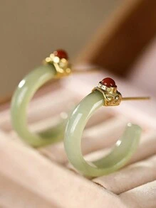 1 件 18K 镀金混合彩色玉镶嵌独特设计中国风圆弧玉耳环，适合女性日常佩戴 - 彎管耳環 - 查看 1