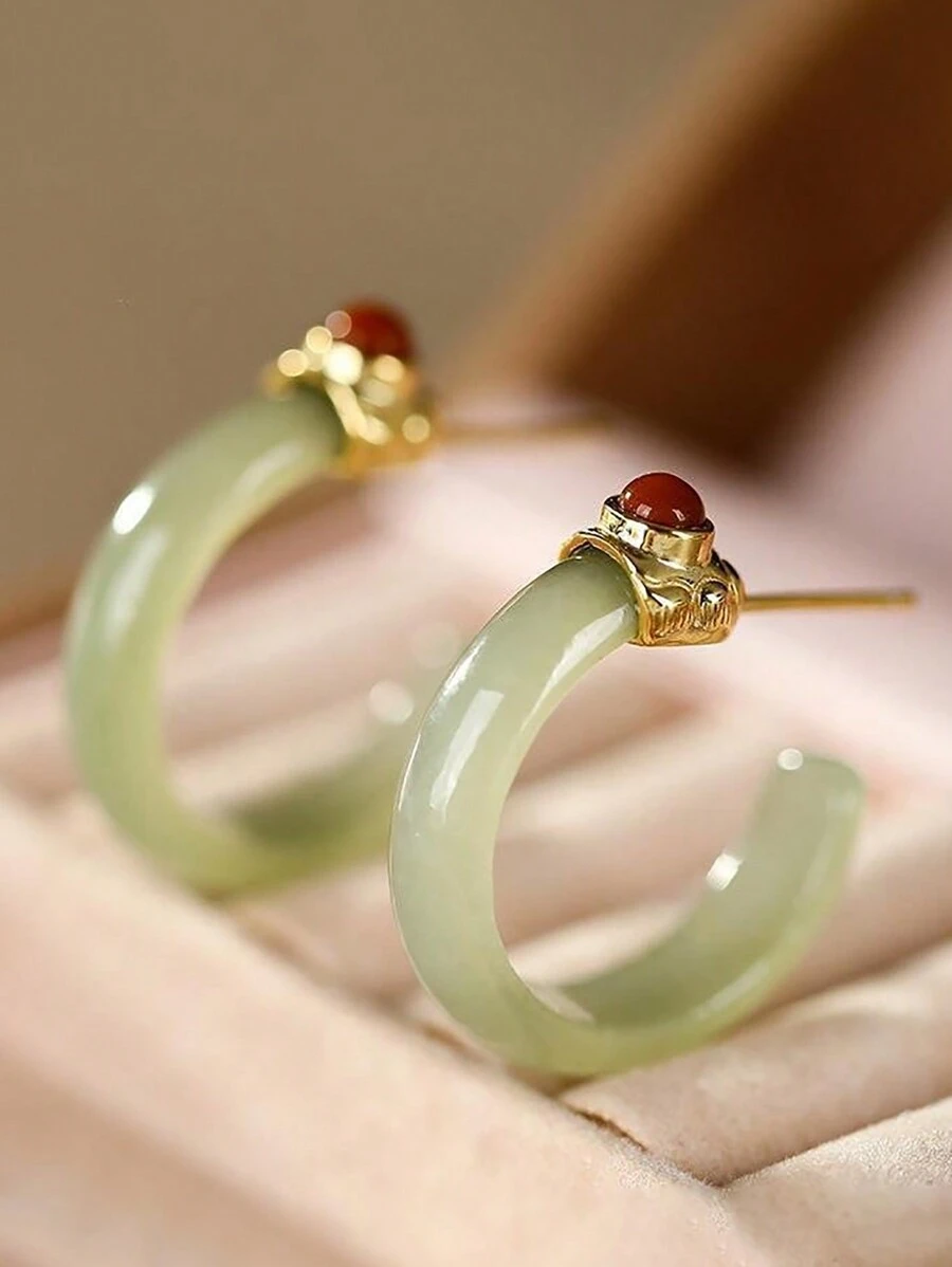 1 件 18K 镀金混合彩色玉镶嵌独特设计中国风圆弧玉耳环，适合女性日常佩戴 - 彎管耳環 - 查看 1