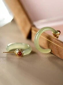 1 件 18K 镀金混合彩色玉镶嵌独特设计中国风圆弧玉耳环，适合女性日常佩戴 - 彎管耳環 - 查看 6